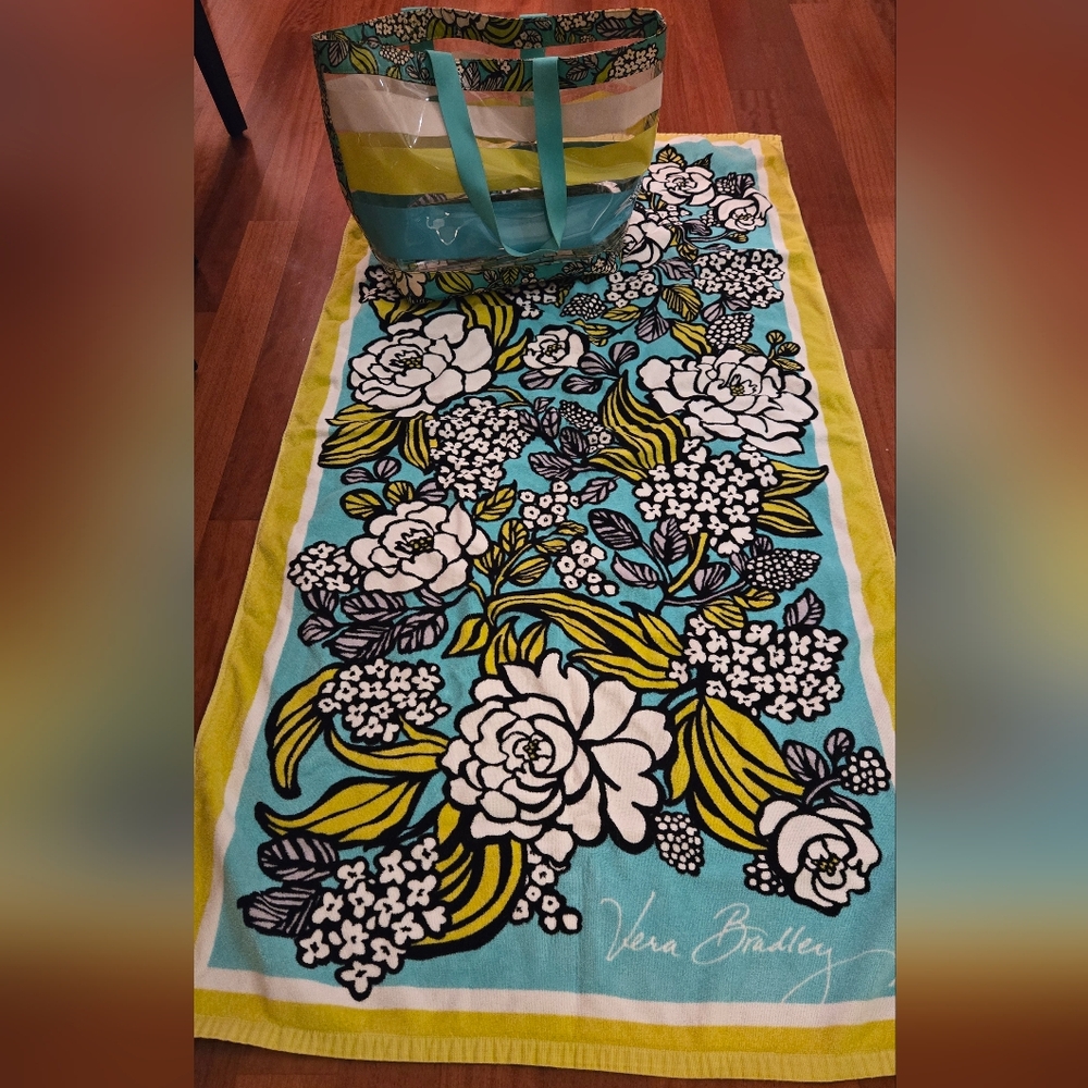 NWOT Vera Bradley Petal Splash Tote & Beach Towel Turquoise, White, Citron